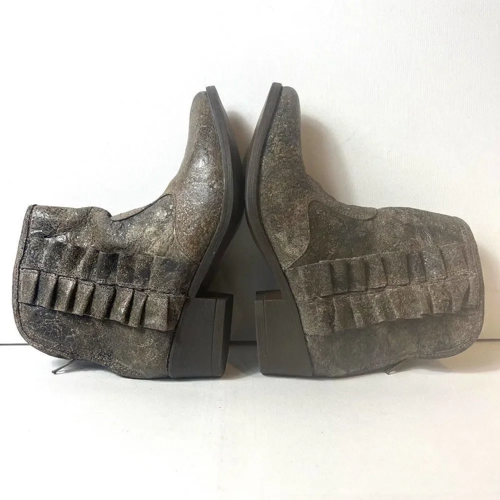 Betsey Johnson Seal Ruffled Brown Leather Back-Zip Western Ankle Bootie Womens 7